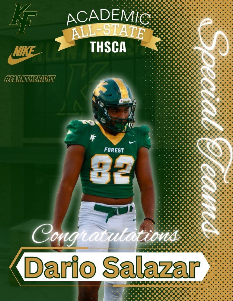KFGOLDENEAGLES's tweet image. 📚 Major shoutout to the Klein Forest student athlete Dario Salazar for going above and beyond in academics!  They're setting the standard high and earning every bit of it. Keep soaring to new heights, champs!🙌 #StudentAthletes #AcademicExcellence #KFTeam @1CoachVaughn