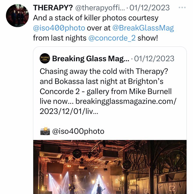 BreakGlassMag's tweet photo. Just throwing some love towards @therapyofficial  - not just for their great shows but also taking the time to credit our brilliant photographers on reposts. Should be the norm but isn’t - please know it’s appreciated when it happens 🖤

@iso400photo 
@HMPhotography29 https://t.co/yeFfpiykHa
