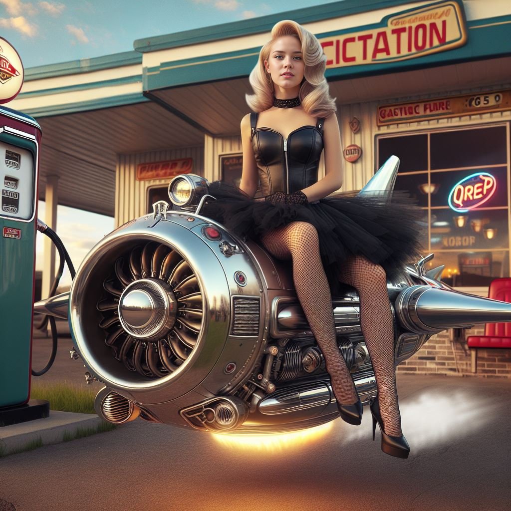 Girls on Jet Hoverbikes - All the great ingredients... Jet Hover Vehicles, retro gas stations, and an attractive female, willingly agreeing to risk her life to be photographed on and operate these untested volatile machines 😮🫣 #fantasyart #aiartist #hoverbikes