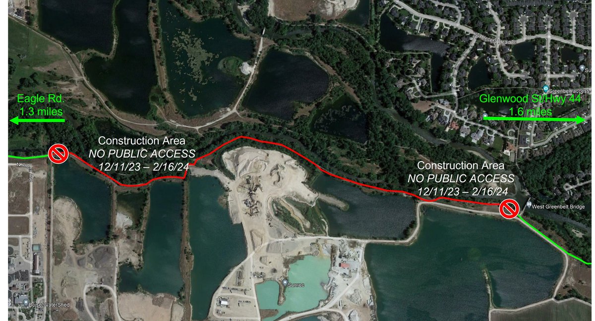 AdaCountyParks's tweet photo. ATTENTION GREENBELT USERS:
A portion of the Greenbelt Pathway on the south side of the river just downstream from the Garden City West Bridge near the Sunroc gravel pit will be closed for construction from Monday, December 11th through Friday, February 16th. https://t.co/V2hpWhbwDG