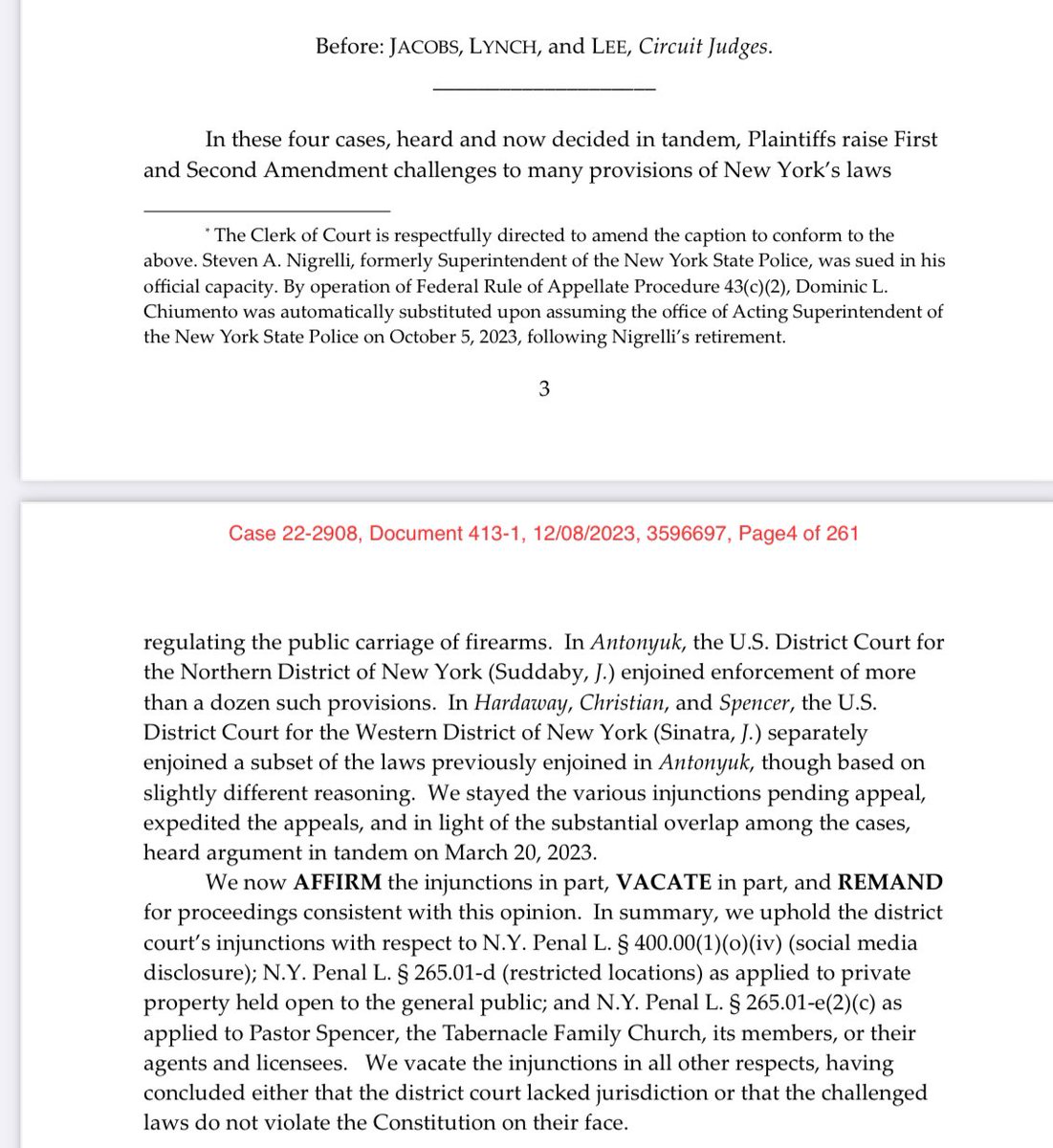 HUGE - in significance & length - 2d Cir ruling today on NY’s legislative response to Bruen, striking down some provisions & upholding many others under the 2nd Amendment. 1st fed court of appeals ruling on sensitive places post-Bruen. 🧵later today. storage.courtlistener.com/recap/gov.usco…