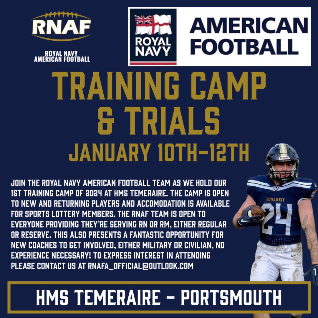 🚨NEXT TRAINING CAMP 🚨

Get in touch now to be involved with Royal Navy American Football’s first training camp of 2024! 🏈

<a href="/NAVYfit/">NAVYfit</a> 

#RoyalNavy #RoyalMarines #AmericanFootball #ParaBellum #TrainingCamp #UKAF #Britball #BAFA #BUCS #Grassroots #NavyFit #2024 #Portsmouth
