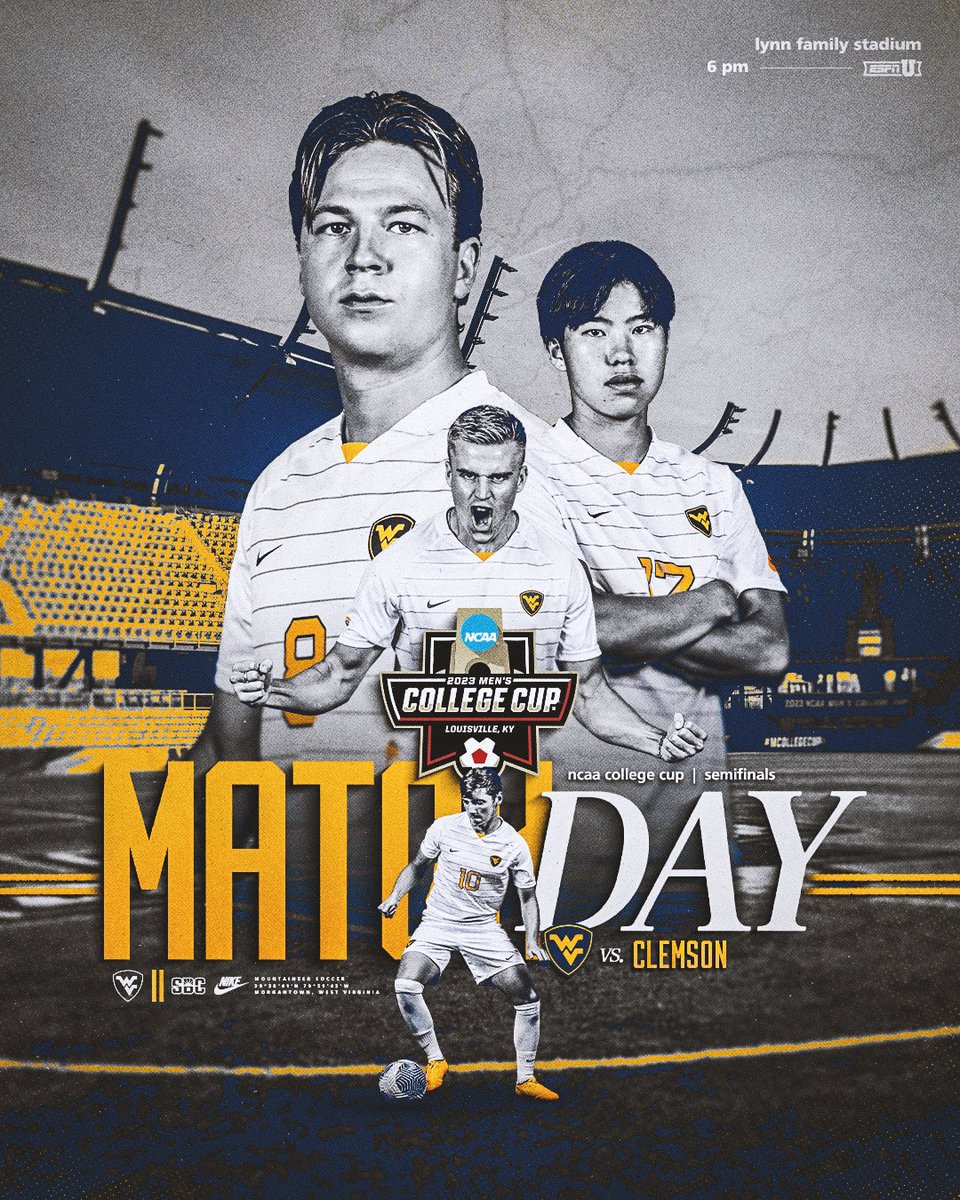 WVUMensSoccer's tweet photo. It’s time for the College Cup!

🆚 Clemson
⌚️6 p.m.
📍 Louisville, Ky.
🏟️ Lynn Family Stadium
📺 ESPNU
📻 https://t.co/xqUQG8cfSk
📊 https://t.co/cEORUNoKUj

#HailWV https://t.co/po4680otsE