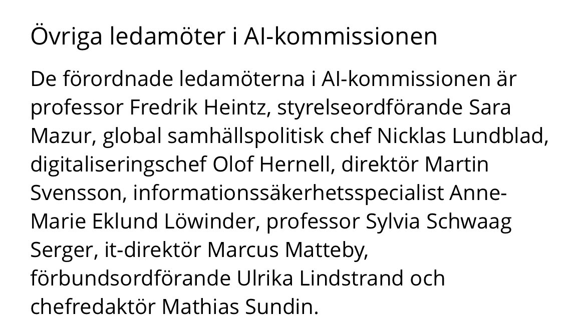 MathiasSundin's tweet image. 🦾 Regeringen tillsätter en AI-kommission, under ledning av Carl-Henric Svanberg.

Tack för förtroendet att få sitta i den. Väldigt roligt!