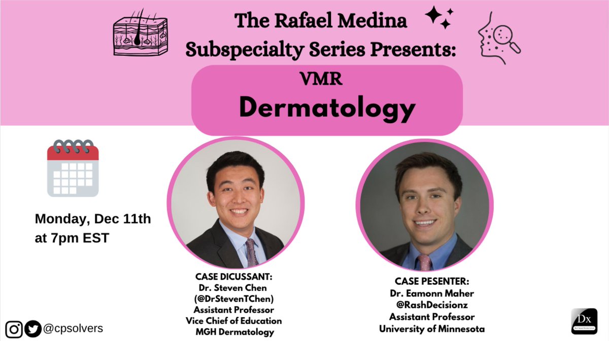 Don't be rash #MedTwitter! Join us for this Rafael Medina Subspecialty episode on Monday, December 11 at 7pm EST featuring dermatology experts @DrStevenTChen and @RashDecisionz who will take us through a case! Join here➡️ bit.ly/31LWIKg