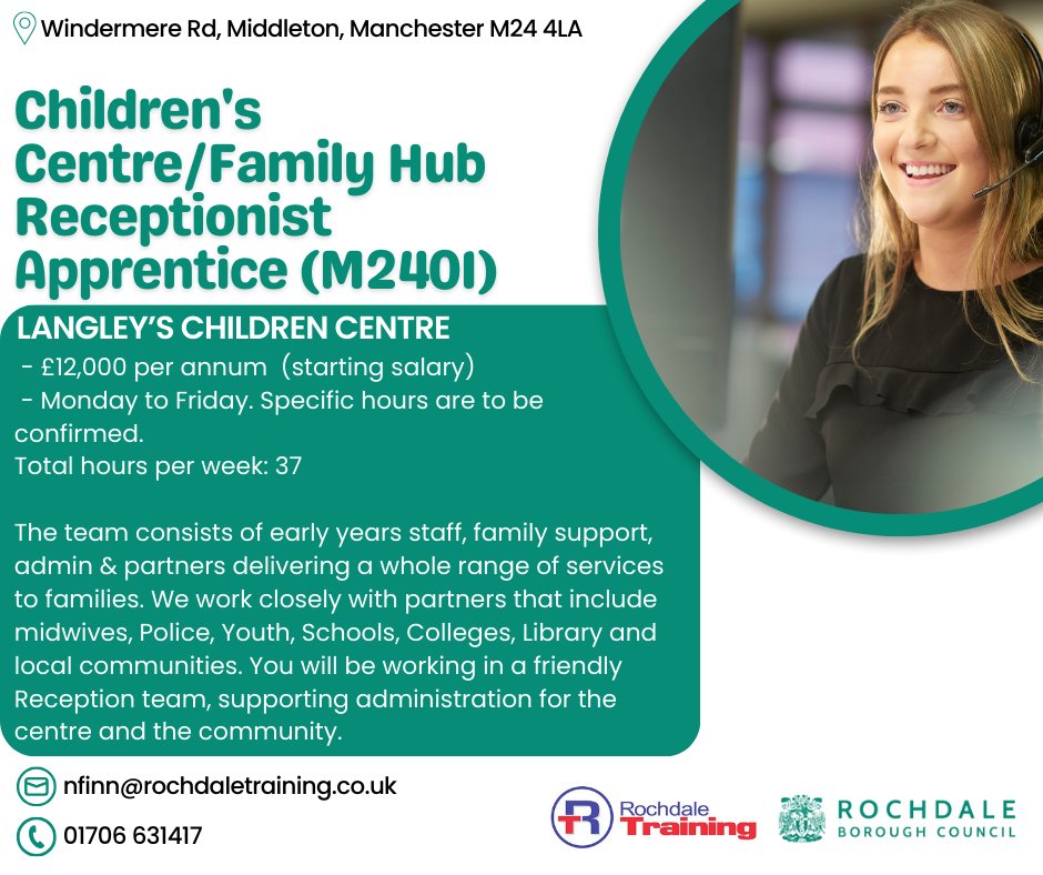A new Business Administration Apprenticeship is now available at Langley's Children Centre with <a href="/RochdaleCouncil/">Rochdale Borough Council</a>! Vacancies are filling vast, so apply now!: rochdaletraining.co.uk/childrens-cent…

#BusinessAdministration <a href="/AppsinRochdale/">Apprenticeships</a>  @SeeDifferentHub <a href="/GM_LPN/">Greater Manchester Learning Provider Network</a> <a href="/fiveboroughsofr/">5 BOROUGHSOFROCHDALE F.B.R</a>