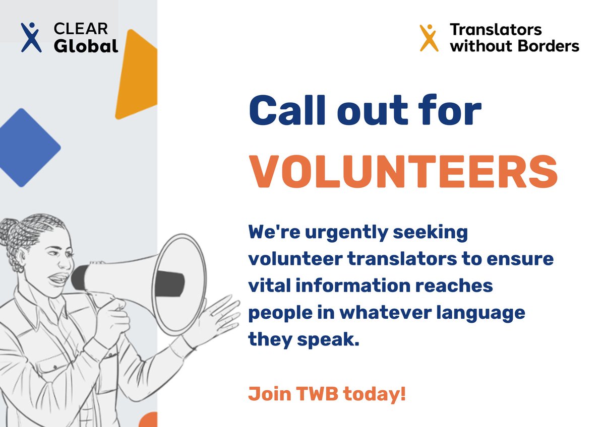 CLEARGlobalOrg's tweet photo. "📣 Join the #TWBCommunity and make a real impact! We're urgently seeking volunteer translators to ensure vital information reaches people in whatever language they speak.
Sign up today: https://t.co/VR7340Ae5n
#IfEveryoneDid #IVD2023 https://t.co/r5TceNIxgl
