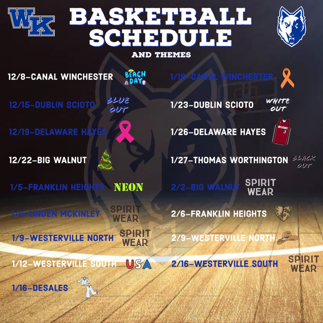 This year’s basketball schedule and themes‼️Show up tonight and pack the stands against Canal at home @7:30pm. Wear your beach attire😎🚨😈