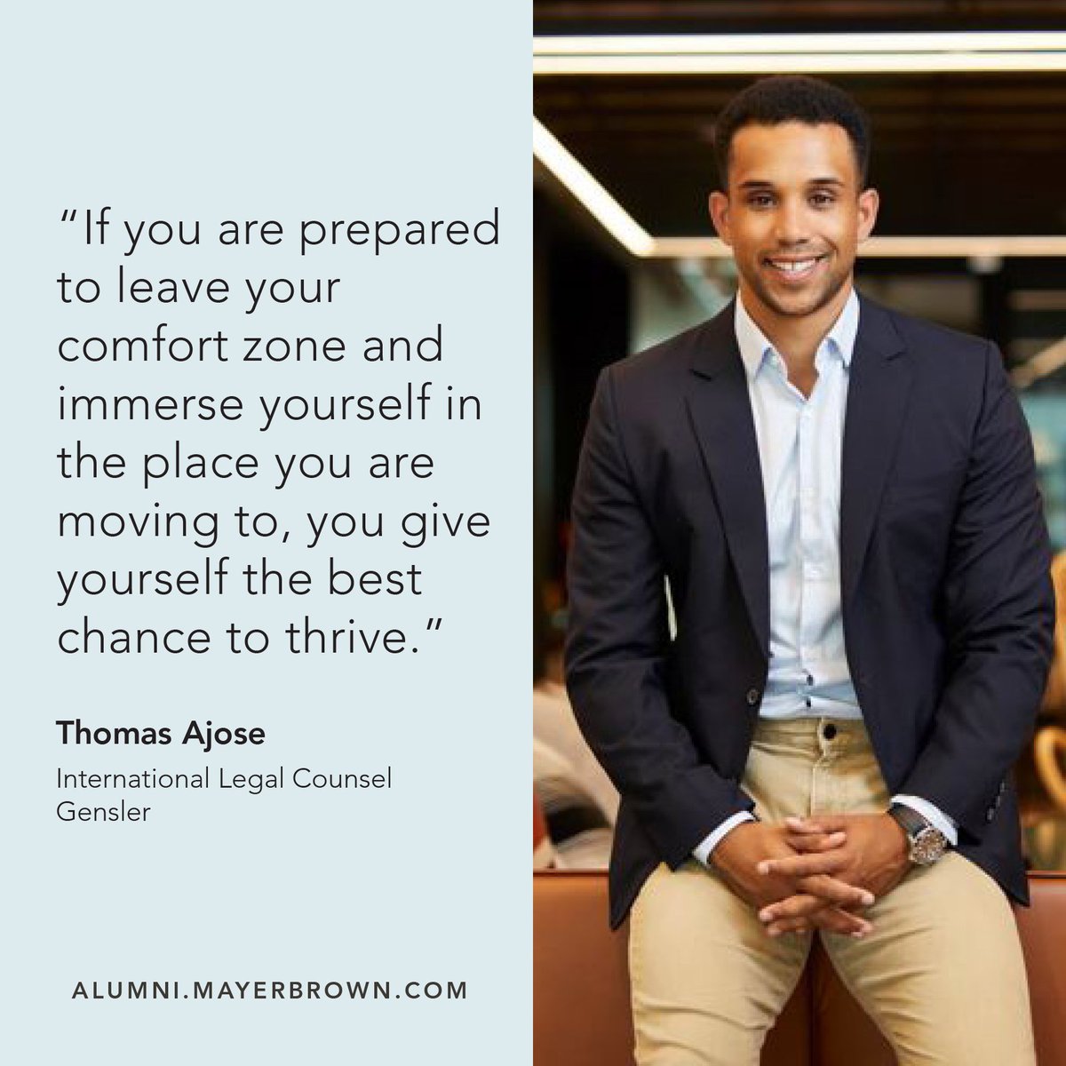 Mayer Brown alumnus Thomas Ajose left the firm’s London office in 2021 to join global design and architecture firm Gensler in Singapore. Read his advice for others looking to work and live in another country at: bit.ly/3Fs4pWw #MayerBrownAlumni