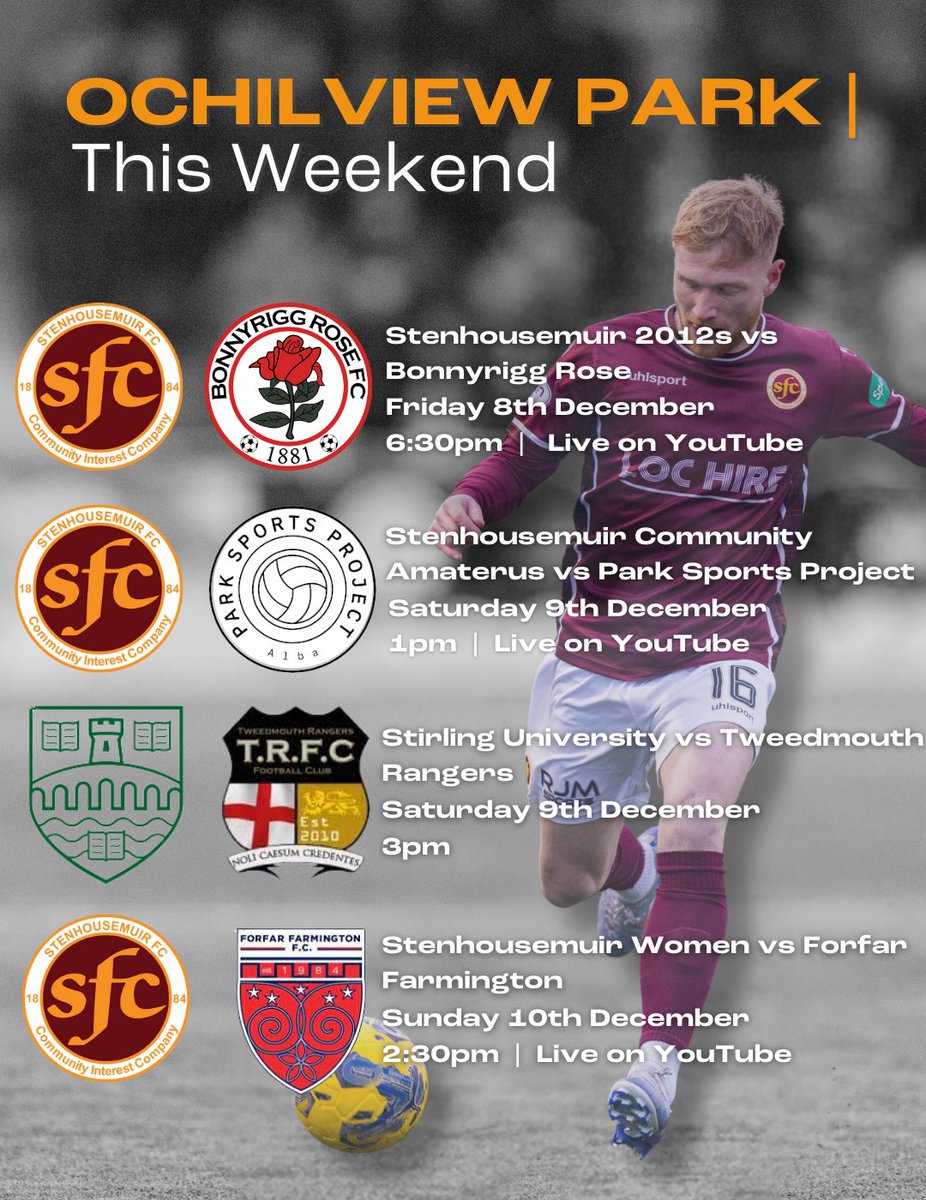 𝗢𝗰𝗵𝗶𝗹𝘃𝗶𝗲𝘄 𝗣𝗮𝗿𝗸 | 𝗧𝗵𝗶𝘀 𝗪𝗲𝗲𝗸𝗲𝗻𝗱

A busy weekend ahead here👋

Check out the links below to watch live👇

Stenhousemuir 2012s | youtube.com/live/99qMbQfYh…
Stenhousemuir Community Amateurs | youtube.com/live/m2hwxCjFu…
<a href="/StennyWFC/">Stenhousemuir WFC</a> | youtube.com/live/33ymIwZKq…