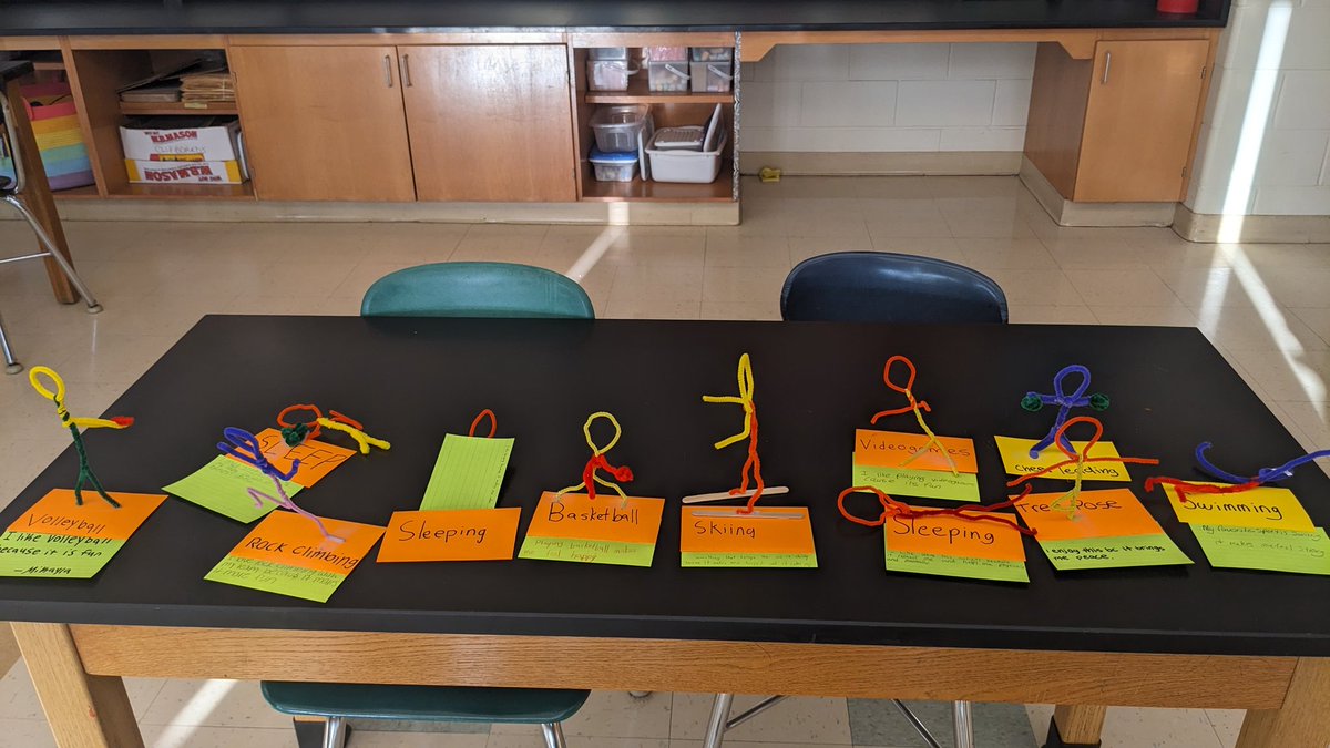 Students in advisory made pipe cleaner figures showing an activity that brings them joy. @WPSEisenhower