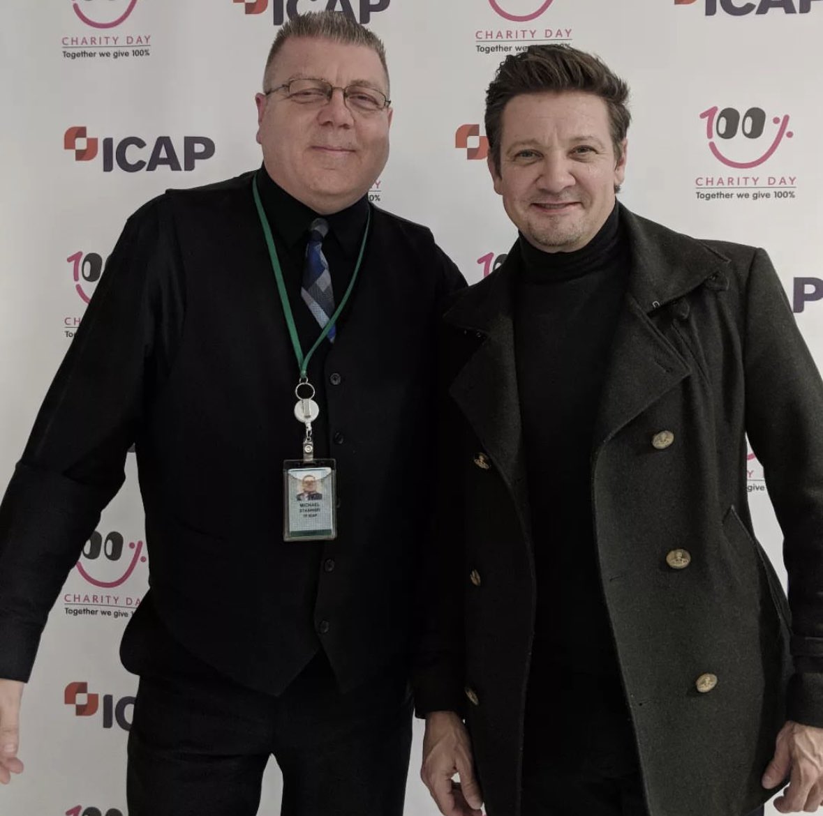 Jeremy Renner participating in #ICAPCharityDay in NYC.