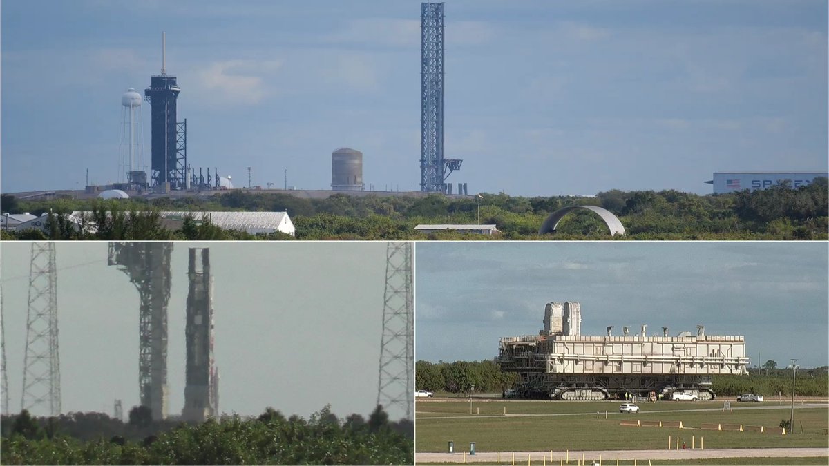 SpaceflightNow's tweet photo. Happening now at the Cape:
• SpaceX's Falcon Heavy rolling out of the hangar to the pad at LC-39A
• ULA's Vulcan is prepping for a wet dress rehearsal tanking test at SLC-41
• NASA's crawler-transporter 2 is cruising along the crawler way
Watch live: https://t.co/KIvquEjdO9 https://t.co/OmKqp6DkdZ