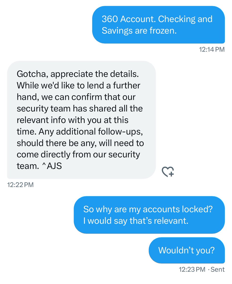 PotteigerKrista's tweet photo. @AskCapitalOne This is the superb, personalized customer service you can expect from @CapitalOne 360 Checking! THIS was their response to my DM asking to speak to a human about why my accounts were locked. This is scary! https://t.co/OuTJJqyfqe