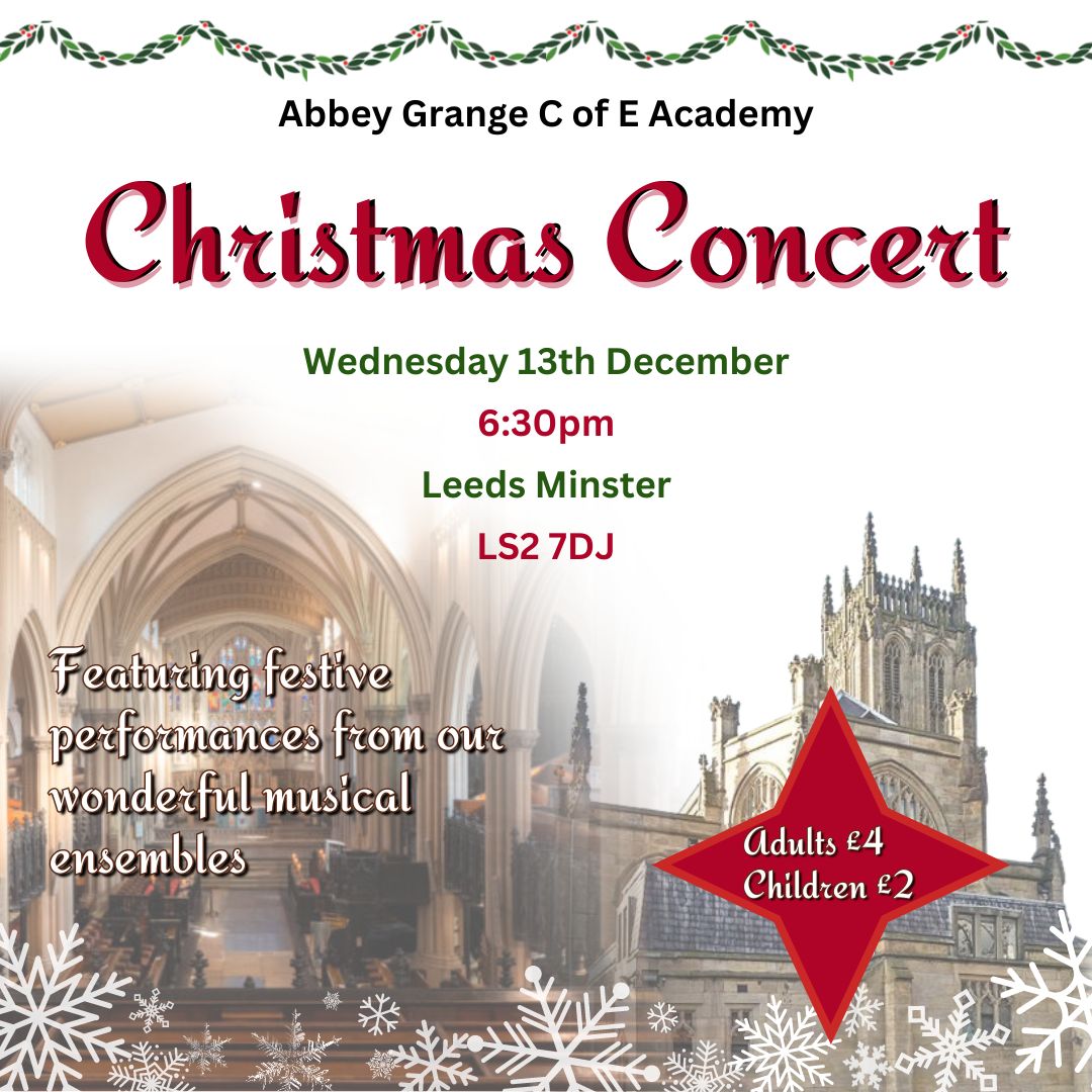 Join us for our Christmas Concert, this Wednesday 13th December at Leeds Minster. 100 students are involved as a wonderful way to start Christmas celebrations. Tickets available on ParentPay or on the door. @chaplaincyabbey #christmascarolconcert #abbeygrangeacademy #leedsminster