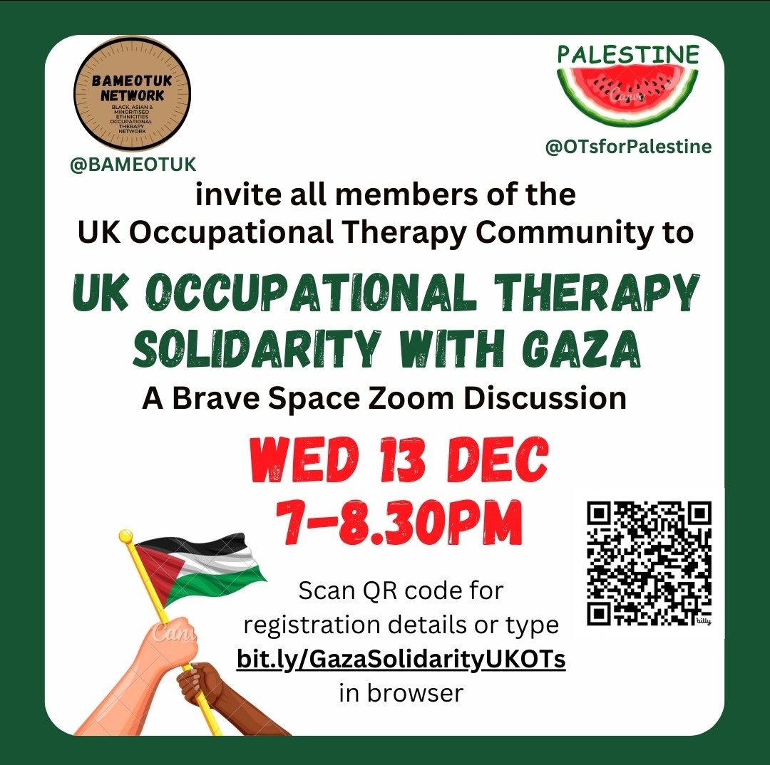 BAMEOTUK (@bameotuk) on Twitter photo Inviting all members of the UK #OccupationalTherapy Community including <a href="/theRCOT/">Royal College of Occupational Therapists</a> to join this discussion hosted in conjunction with <a href="/OTsforpalestine/">Occupational Therapists for a Free Palestine</a> - register here: bit.ly/GazaSolidarity… We will also pay tribute to Benjamin Zephaniah, anti-racism champion
#GazaGenocide Inviting all members of the UK #OccupationalTherapy Community including <a href="/theRCOT/">Royal College of Occupational Therapists</a> to join this discussion hosted in conjunction with <a href="/OTsforpalestine/">Occupational Therapists for a Free Palestine</a> - register here: bit.ly/GazaSolidarity… We will also pay tribute to Benjamin Zephaniah, anti-racism champion
#GazaGenocide
