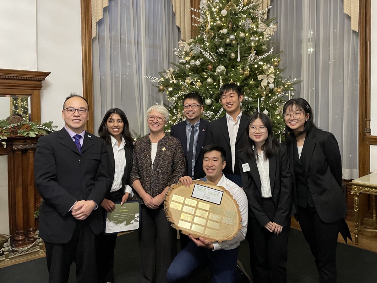 forestscanada's tweet photo. 'Tis the season to recognize youths' pursuit of environmental knowledge! Thank you to the Honourable Edith Dumont (@LGOntario) for joining us to celebrate our #TreeBee & #ONEnvirothon winners! Also, thank you to Somerville Nurseries for their donation of the beautiful tree. https://t.co/GIhvg6PrRZ