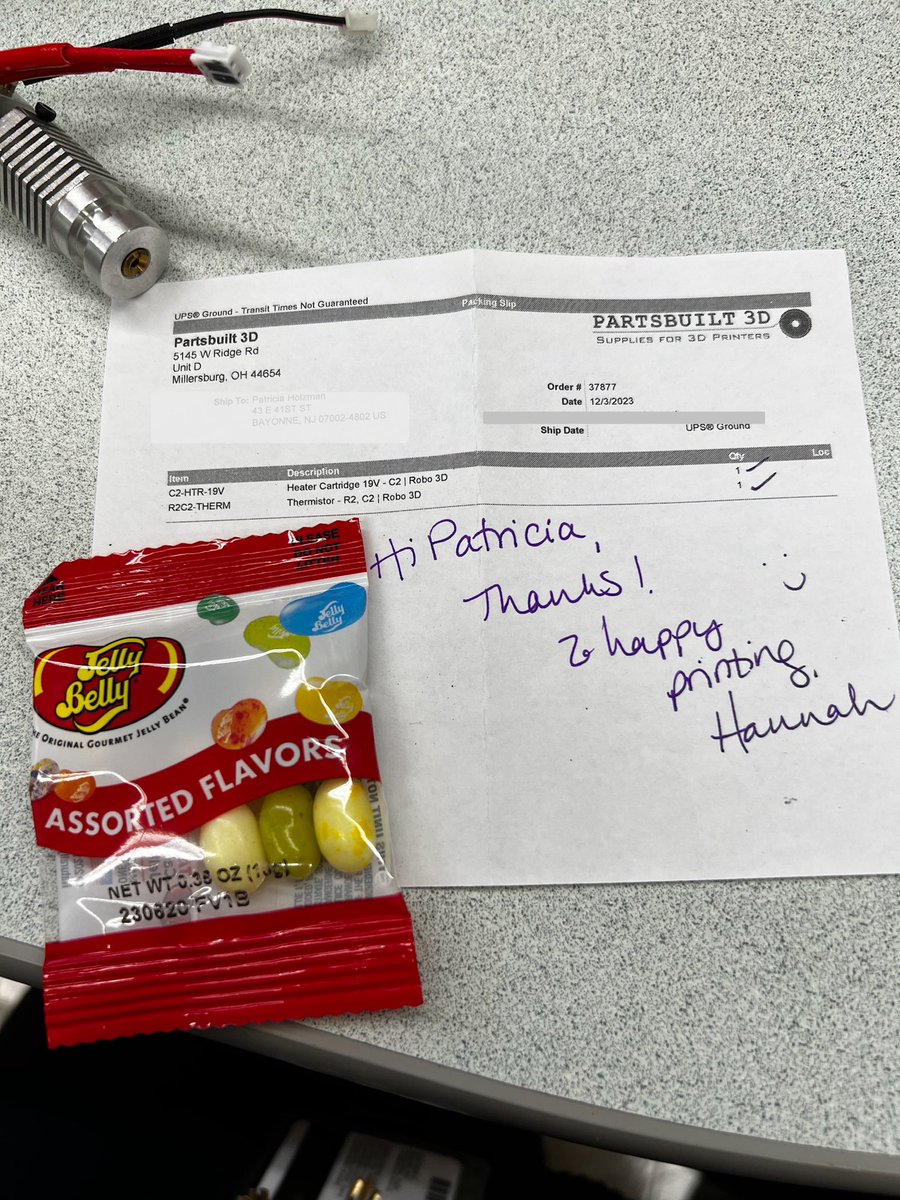 Thank you <a href="/partsbuilt3D/">Partsbuilt 3D</a> for your quick service and also for your note and jelly beans. Our 3D printer will get back to printing now.
