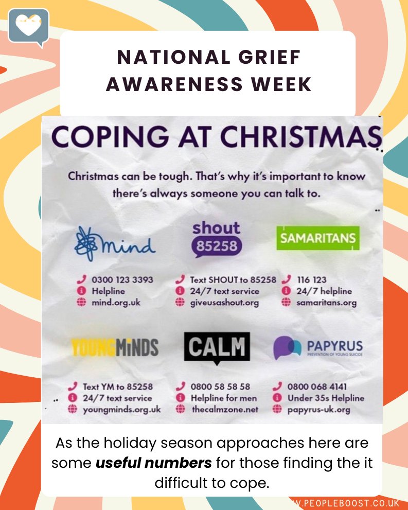 BoostPeople's tweet image. My final signpost for National Grief Awareness Week is to a range of useful helplines for those that find the holiday season difficult.

From my heart to yours

Clare 

#grief