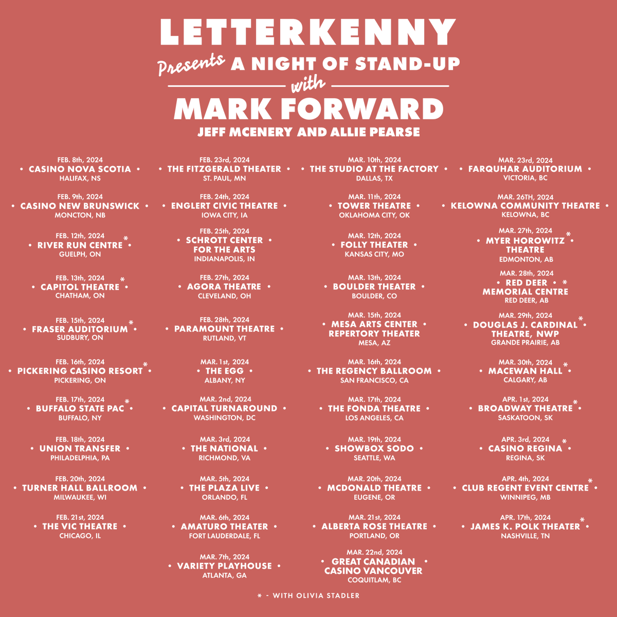 Your good buddies are doing a stand-up tour in 2024. @MarkForwardd @JeffMcEnery <a href="/allie_pearse/">Allie Pearse</a>

Tickets at letterkenny.tv/live on Mon, Dec 11 at 10AM local with code PUPPERS2024 &amp; general tickets Fri, Dec 15 at 10AM local.

Brought to you by @officialpuppers &amp; <a href="/newmetricmedia/">New Metric Media</a>