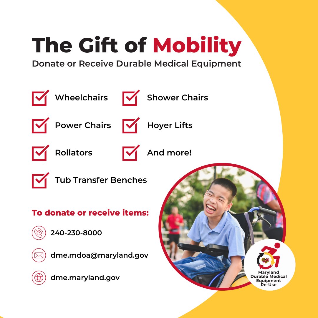 #DYK Maryland residents of any age or disability can receive free, gently used, durable medical equipment through the @MarylandAging's Durable Medical Equipment Reuse Center. To request or donate equipment, visit: bit.ly/3idFuhx