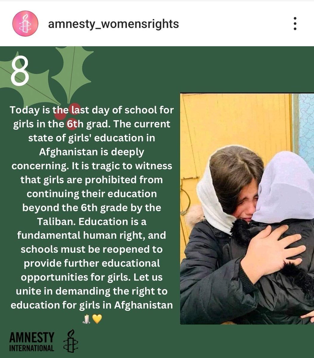 Let us unite in demanding the right to education for girls in Afghanistan.🕯💛

<a href="/Amnesty_Norge/">Amnesty Norway</a> <a href="/amnestysasia/">Amnesty International South Asia, Regional Office</a> <a href="/amnesty/">Amnesty International</a> <a href="/amnesty_de/">Amnesty Deutschland</a> <a href="/IntlCrimCourt/">Int'l Criminal Court</a> <a href="/UNHCRAfg/">UNHCR Afghanistan</a> #StopGenderApartheid

<a href="/Nafisa_Amini/">Nafisa Amini نفیسه امینی</a> Leader of Amnesty women's rights Norway