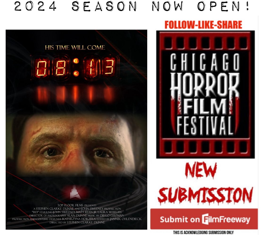 📢THE 2024 SEASON IS NOW OPEN! 🎥 SUBMIT YOUR FILM: filmfreeway.com/ChicagoHorrorF… EVENT DATE: Halfway -2- Halloween May 4th & 5th 2024 #filmfestival #horror #shortfilm #horrormovie #opencall #FilmFreeway #indiehorror #Chicago