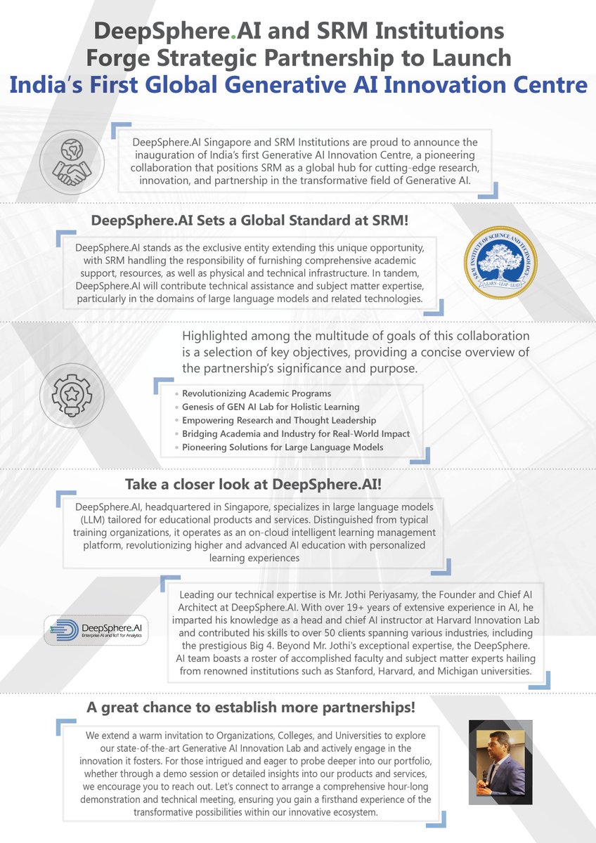 DeepsphereAI's tweet photo. https://t.co/lBVBJKAcaW and SRM Institutions Forge Strategic Partnership to Launch India’s First Global Generative AI Innovation Centre https://t.co/ngFxx0NC8u