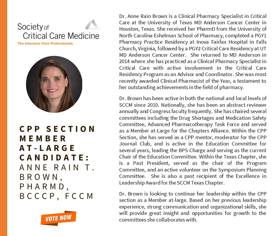 SCCM_CPP's tweet photo. 📣 Dr. @AnneRainRX is one of 8 strong candidates for the CPP Section Member-at-Large (MAL) position.

Cast your vote for Secretary/Treasurer and MAL by 12/19 at 11:59 pm CT on Connect: https://t.co/nWrDpbs4k3

#PharmICU https://t.co/R2YMInpDrw