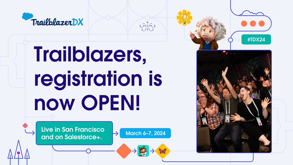 Trailhead (@trailhead) on Twitter photo 🎉  It's official! 🎉 You can now register for #TDX24!  
Join us to skill up on all things AI with your #TrailblazerCommunity. 🤝
Secure your spot now for extra savings ➡️: sforce.co/47Nb7D5 🎉  It's official! 🎉 You can now register for #TDX24!  
Join us to skill up on all things AI with your #TrailblazerCommunity. 🤝
Secure your spot now for extra savings ➡️: sforce.co/47Nb7D5