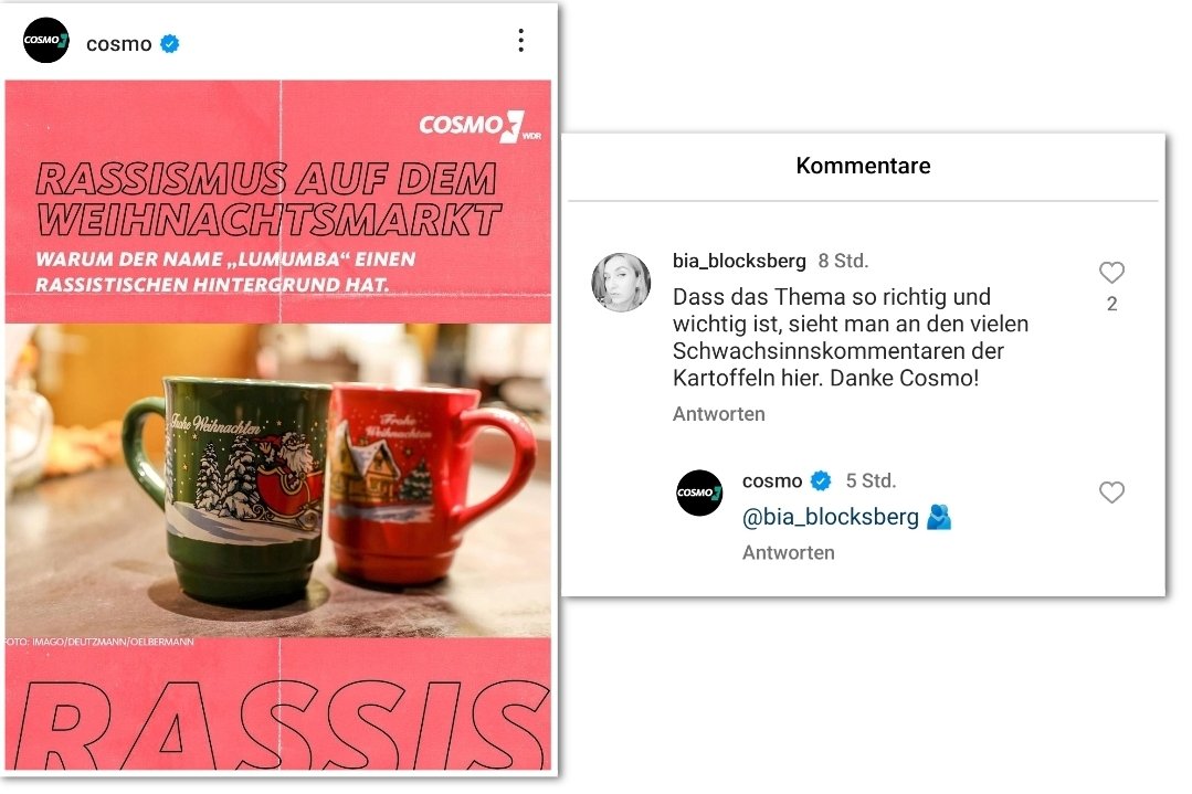 WDR Cosmo wirft allen, die einen Kakao mit Schuß "Lumumba" nennen Rassismus vor, findet es aber in Ordnung, wenn Deutsche als Kartoffeln beleidigt werden. #ReformOerr #OerrBlog