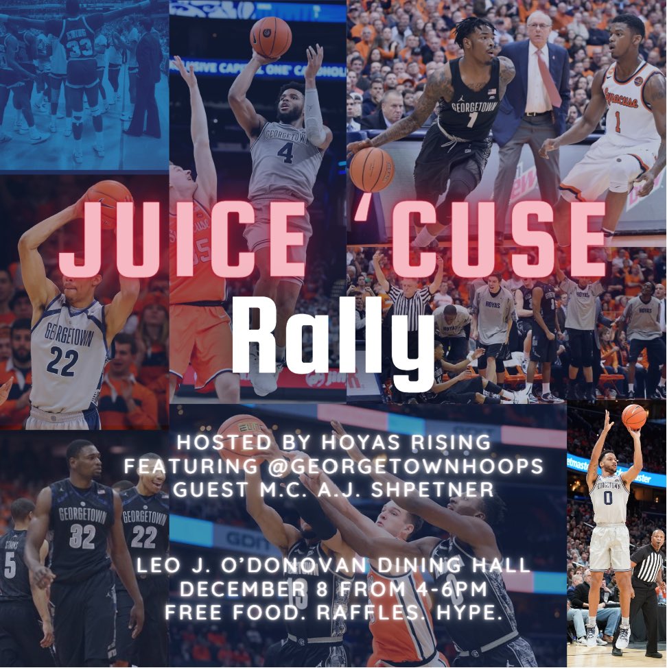 Don't miss it: TODAY is the day for our first-ever rally to GET HYPE for our legendary rivalry matchup against Syracuse! From free food to swag to all around fun, we want to see you all show up to help us get ready to JUICE 'CUSE. #hoyasaxa #mensbasketball #juicecuse