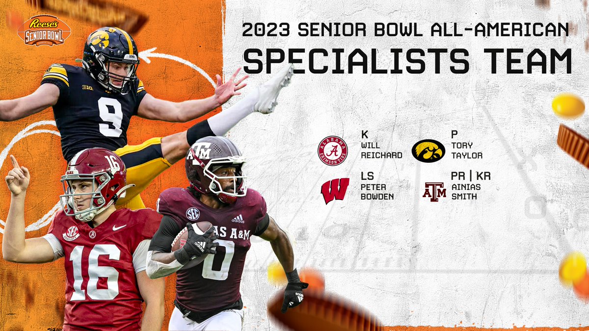 Congratulations to all those selected to the 2023 Senior Bowl All-American Team! #TheDraftStartsInMOBILE™️ SPECIALISTS K @WillReichard P Tory Taylor LS @PBowdenSnaps Return Specialist @ainias_smith