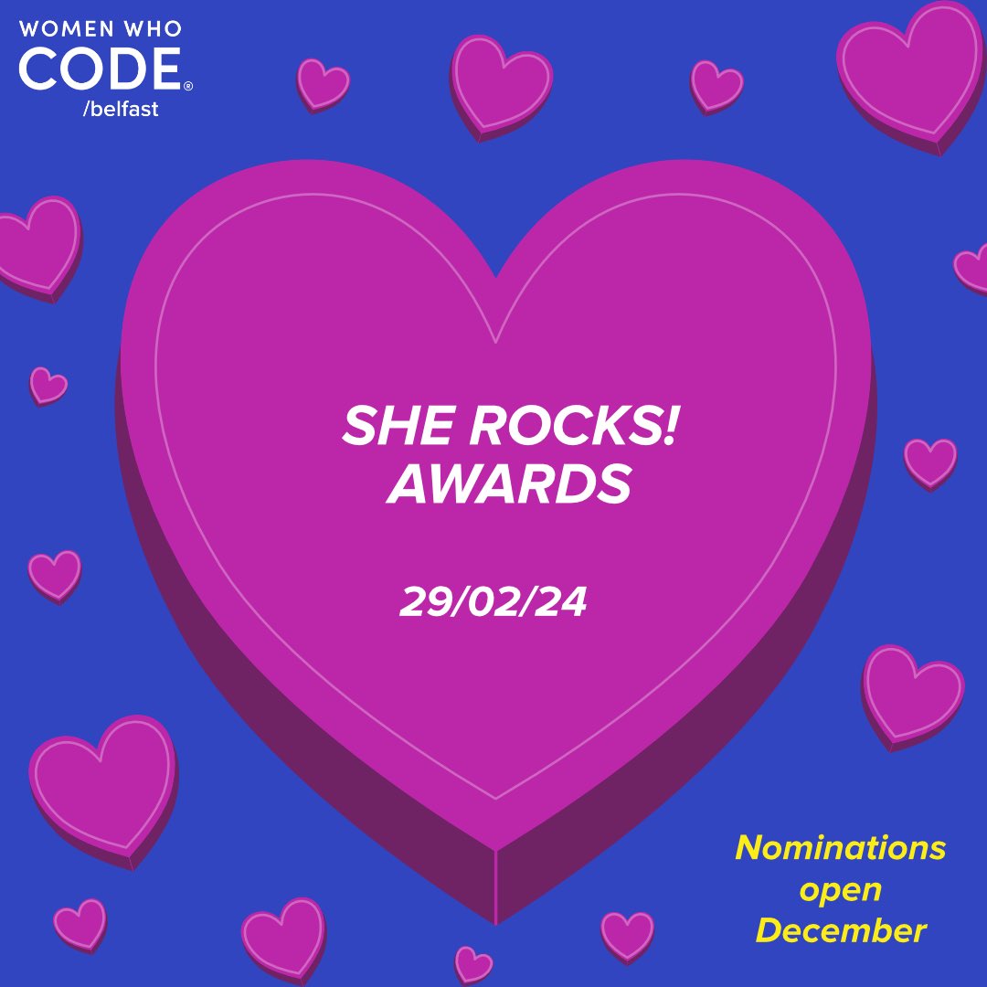 It’s Time! The She Rocks! Awards is coming back and <a href="/WWCodeBelfast/">Women Who Code Belfast</a> couldn’t be more excited 🥳

Our plans will unveil themselves in the coming months but for now we invite you to save the date and share the love! We can’t wait for February 2024! 💕

#wwcodebelfast #sherocksawards