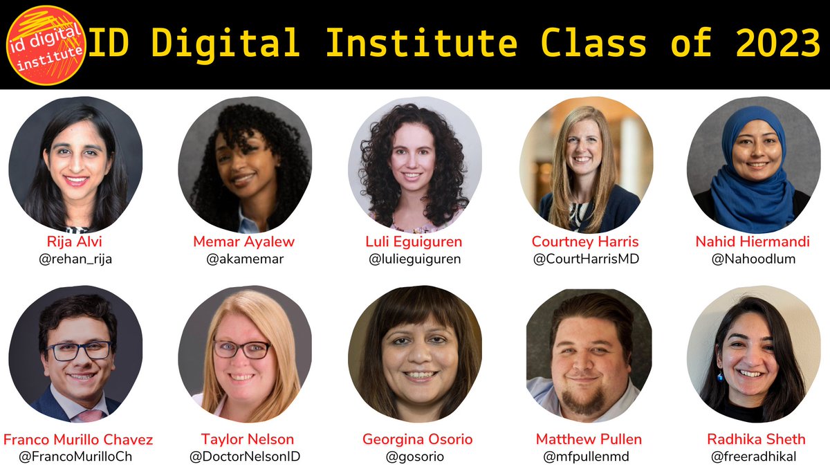 A huge thank you to our inaugural IDDI class! We look forward to their guidance in the IDDI community as we continue to grow :) 
<a href="/rehan_rija/">Rija Alvi</a>
@akamemar
<a href="/lulieguiguren/">Luli Eguiguren</a>
<a href="/CourtHarrisMD/">Courtney Harris, MD, FACP</a>
<a href="/Nahoodlum/">Nahid</a>
<a href="/FrancoMurilloCh/">Franco Murillo</a>
<a href="/DoctornelsonId/">Taylor Nelson, DO</a>
<a href="/gosorio/">Georgina Osorio, MD, MPH</a>
<a href="/mfpullenmd/">Matthew Pullen, MD</a>
<a href="/freeradhikal/">Radhika Sheth</a>