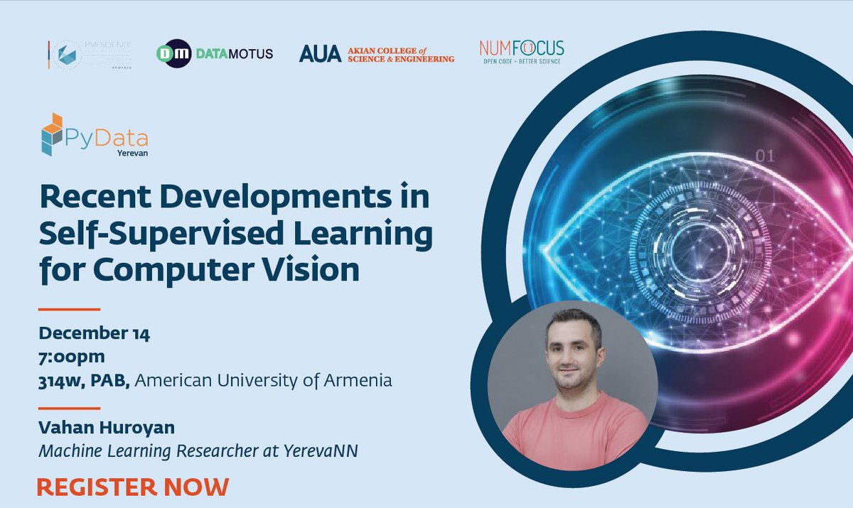pydata_yerevan's tweet image. 🚀Have you already registered to attend the “Recent Developments in Self-Supervised Learning for Computer Vision” meetup talk by Vahan Huroyan next week? forms.gle/9y2Latee1zmTtG…
Vahan #ML researcher at the YerevaNN research lab, delves into computer vision challenges.