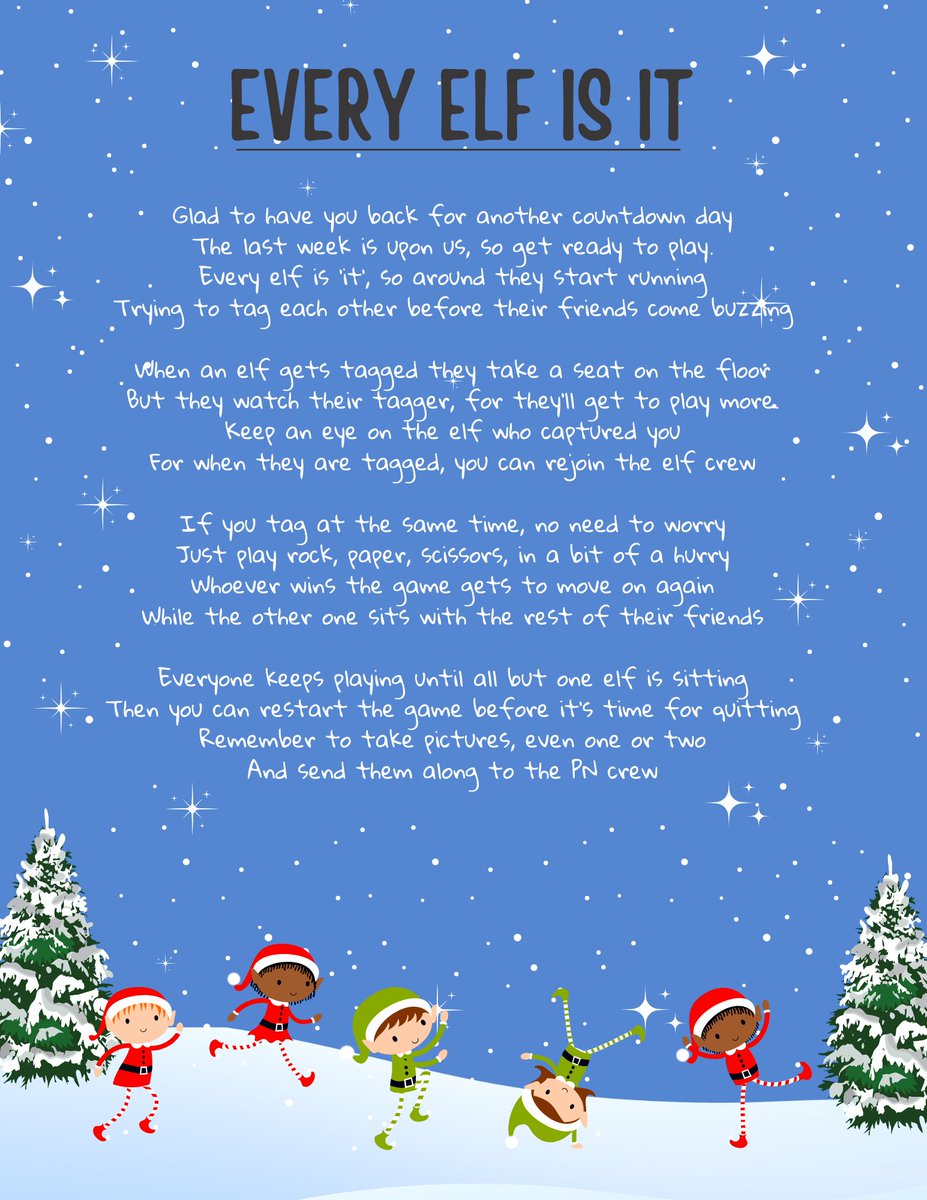 No better way to start the week than with today's  #ActiveCountdownToChristmas activity: Every Elf Is It!

Printable poem and full instructions can be found here:
ssnl.online/Christmas-Coun…

#SSNLParticipationNation