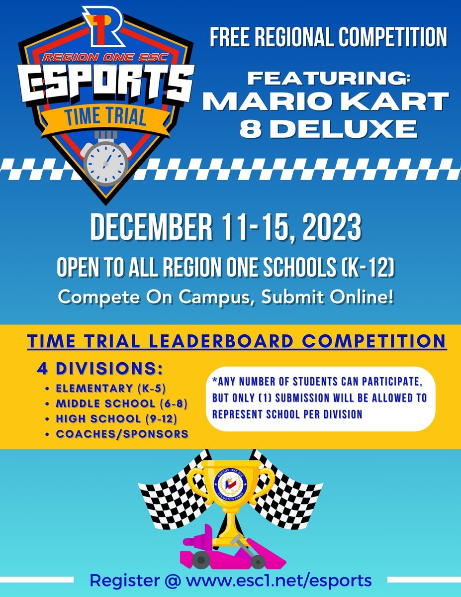 🏎️🎮R1 Esports will be having a Time Trial Competition featuring Mario Kart 8 Deluxe open to all <a href="/RegionOneESC/">Region One ESC</a> Schools (K-12)🏁

🏆 Compete on campus, and submit your school’s best time!

🎮 For more information and registration, visit esc1.net/esports 🎮 #Region1Esports