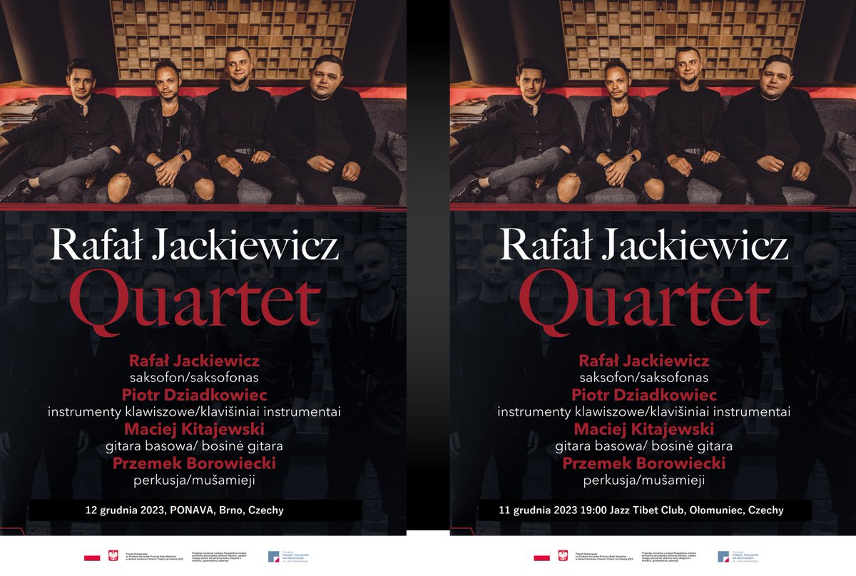 🎼Zapraszamy serdecznie na koncerty zespołu jazzowego Rafał Jackiewicz Quartet! gdzie i kiedy? ▪️ 11 grudnia 2023 roku o godz. 19:00 w klubie JAZZ TIBET w Ołumuńcu 🇨🇿 ▪️ 12 grudnia 2023 roku o godz. 19:00 w klubie PONAVA w Brnie 🇨🇿