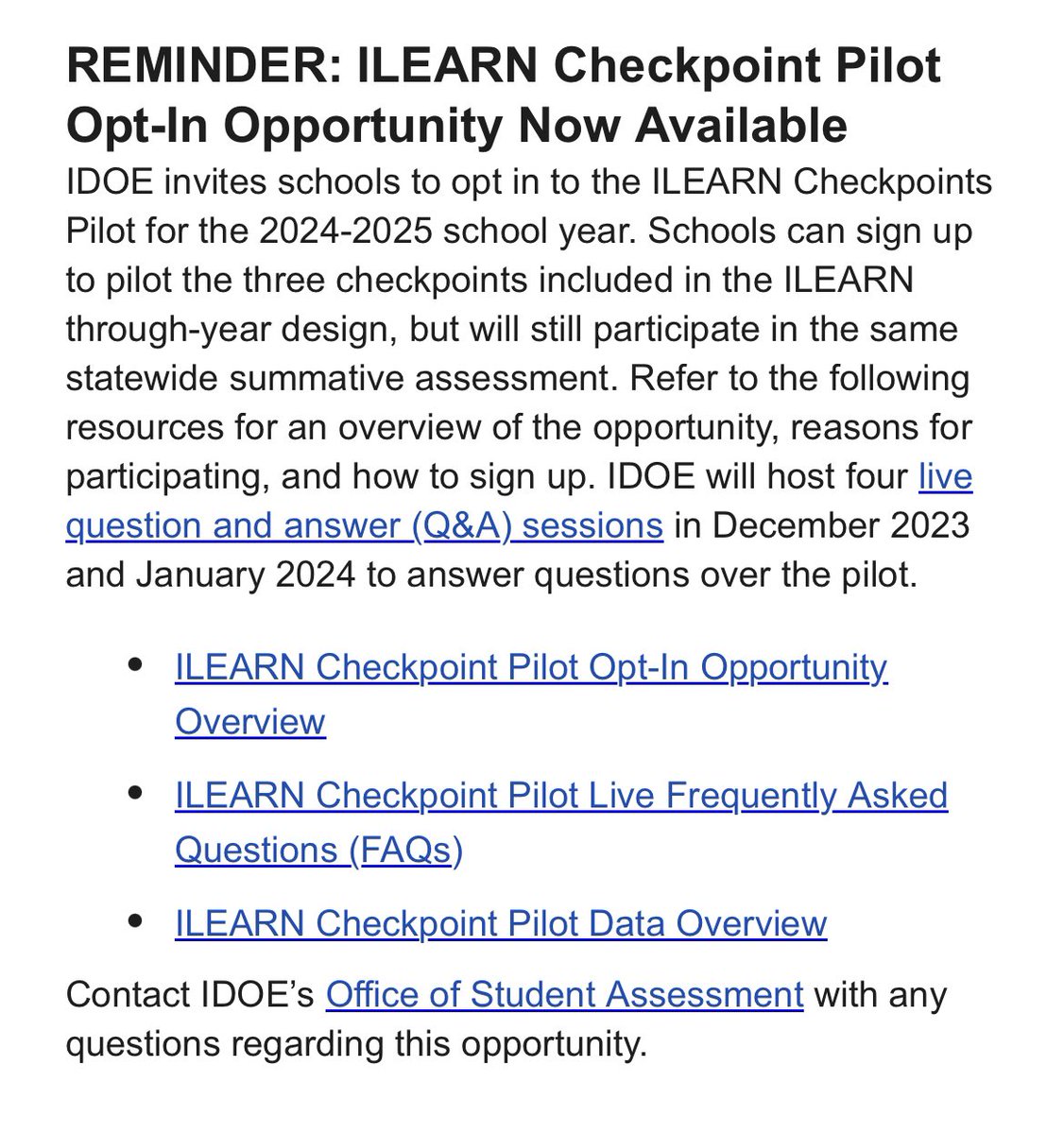 Did you see? The <a href="/EducateIN/">Indiana Department of Education (IDOE)</a> weekly newsletter released information about the ILEARN pilot! This question came up at the Future-Focused Learning Series events this week! drive.google.com/file/d/1-D4QKI…
#IASImpact <a href="/KeepINlearning/">Keep Indiana Learning</a>