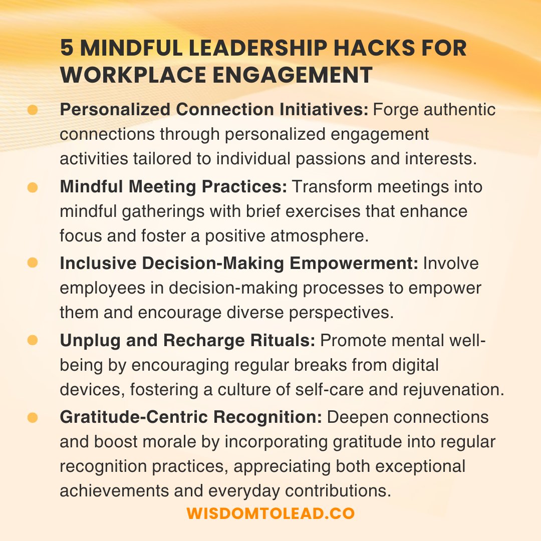 Mindful leadership redefines engagement! Elevate your workplace with these 5 innovative strategies.
.
.
#MindfulLeadership #EngagementInnovation #WorkplaceWellbeing #EmpowerEmployees #MindfulMeeting #GratitudeCulture #LeadershipTransformation #EmployeeConnection #WisdomToLead