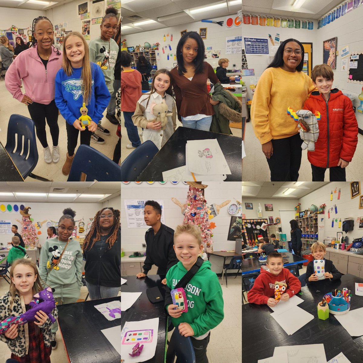 KristinMoulder's tweet photo. Stuffie Delivery Day! These kiddos were SO excited about their collab with @NCHSFineArt 
4th graders drew a character and these talented HS students turned them into stuffies.
#cobbartrocks #SOARon https://t.co/QgiqohT486