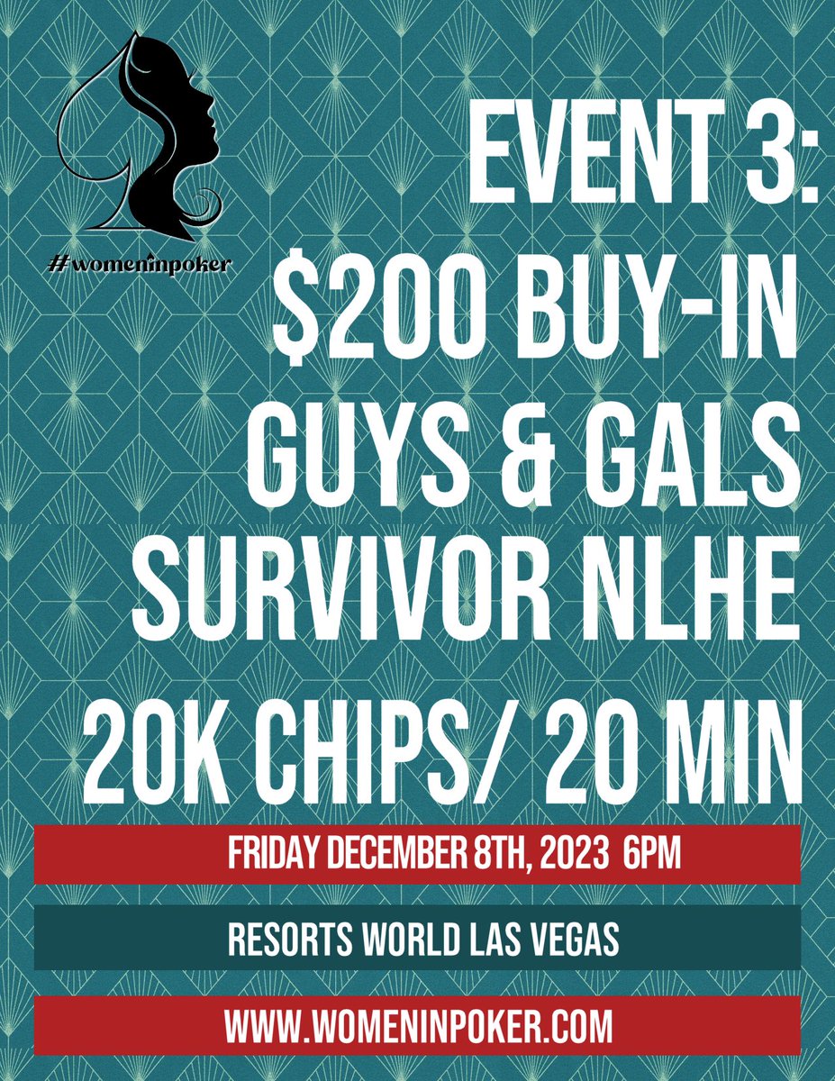 WomenInPoker's tweet photo. Last Flight of the @womeninpoker $360 NLHE Championship Day 1C 11AM @ResortsWorldLV
And tonight, WE INVITE THE GUYS TO PLAY!  This is not a team event.  It's a $200 Survivor with a trophy for the Last Woman and the Last Man Standing (OR Chip lead!)  See you soon! https://t.co/SF7ye5XFmb