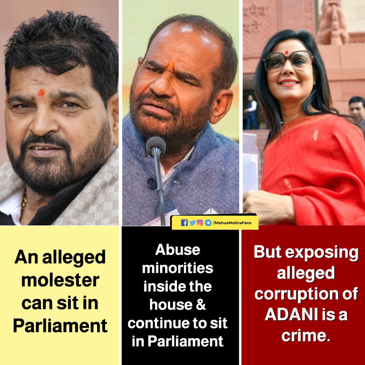 MahuaMoitraFans's tweet photo. BJP MP who accepted on camera that he killed a person is inside the parliament.

And a lady who is continuously exposing corruption of Mr Adani is outside the Parliament.

SAHEB KO DARR BAHUT LAGTA HAI MAHILAON SE. https://t.co/AaM0RwH96b