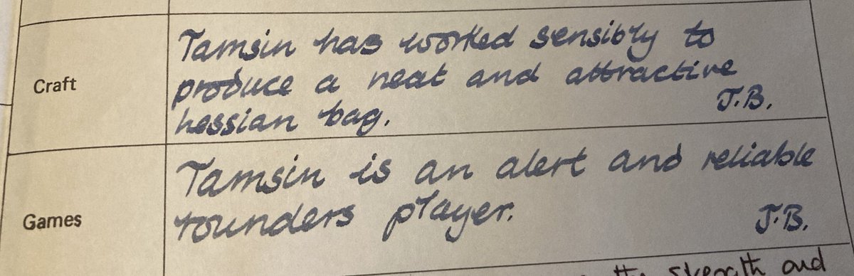 Just found my old school reports. Apparently I was an ‘alert and reliable rounders player’ AND I made a neat hessian bag. Check me.Think I must have peaked at 10yrs old!