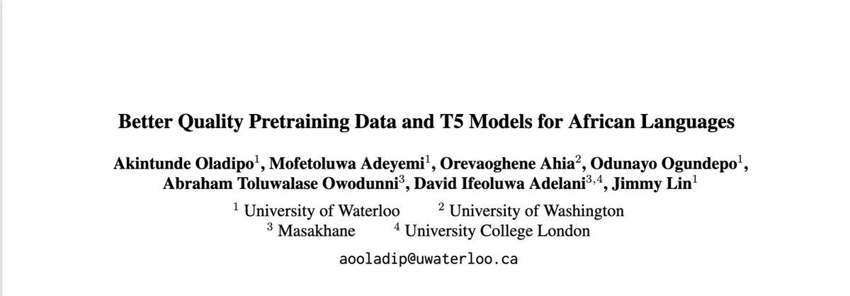 We've been doing some research on scaling pretraining data and language models for African languages and I'm excited to share our research at EMNLP 2023! Work done with @AdeyemiMofe @orevaahia @j___y_t @AbrahamOwos @davlanade and @lintool Here's a primer: 1 /