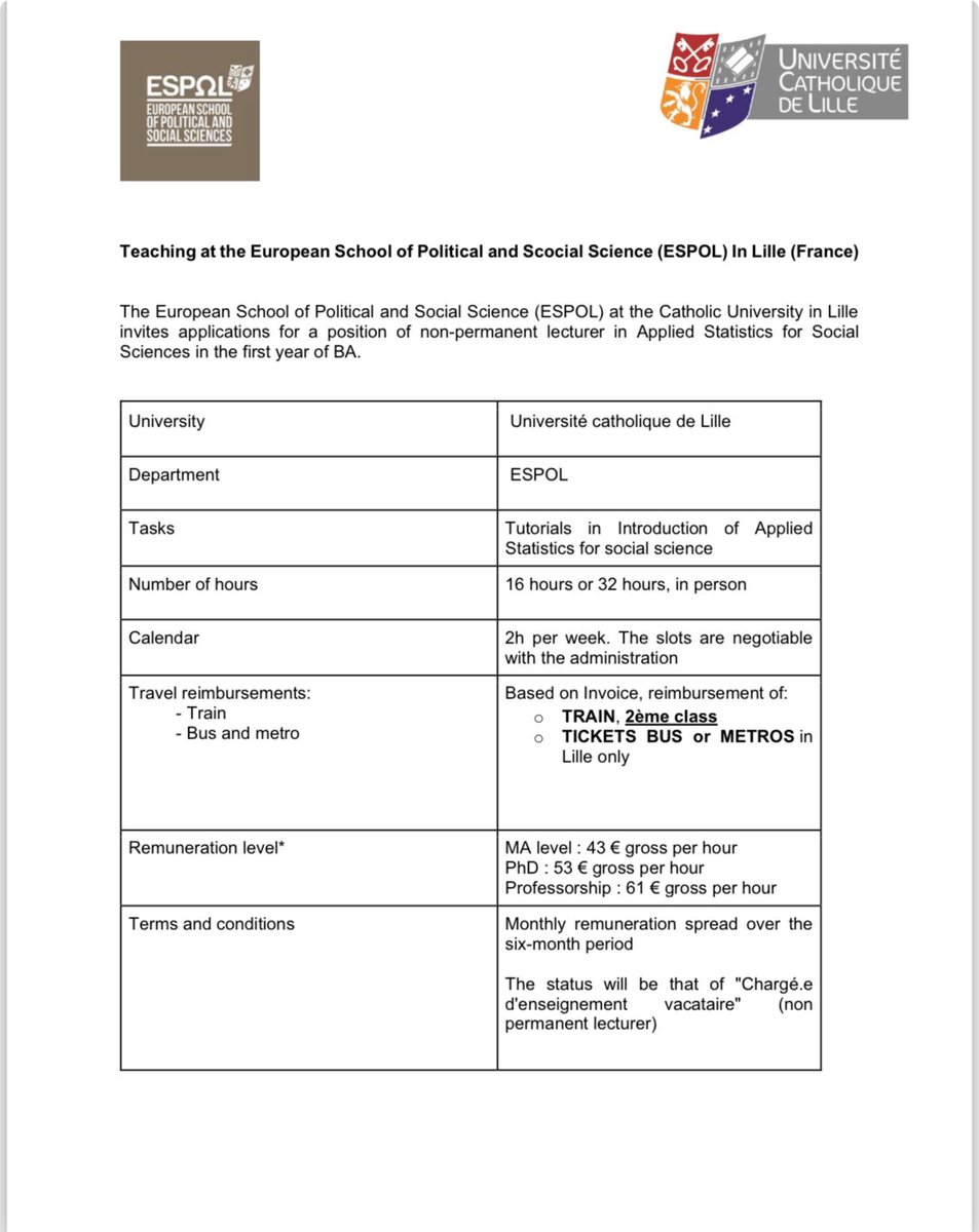 🌟Job Opportunity!🌟 Join our team at ESPOL, Catholic University of Lille! We're seeking 3 tutors for practical sessions in Applied Statistics. 📊 📆 Start Date: January 📍 Location: Lille ⏰ Hours: 18 hours per tutor DM if interested! #JobOpening #Statistics More info 👇🏻