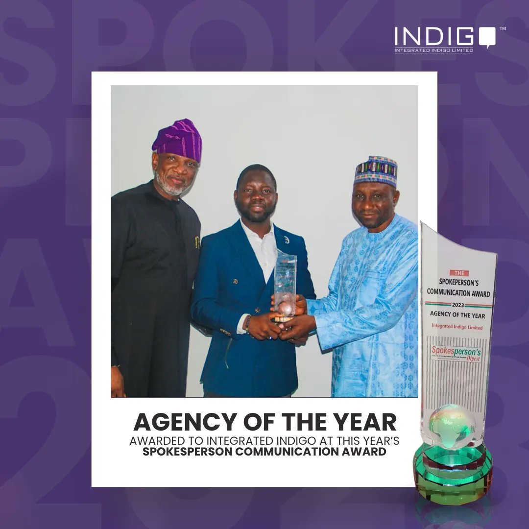 Iindigopr's tweet photo. ANOTHER ONE IN THE BAG!

We are thrilled to announce our recognition as the ‘Agency of The Year’ at the 3rd edition of the Spokesperson's Communication Award in Abuja.🥳🎉🏆

Many thanks to Spokesperson Communication Awards and our clients.🙏🏾

Here’s to more wins and excellence! https://t.co/VeSKkvdZqA
