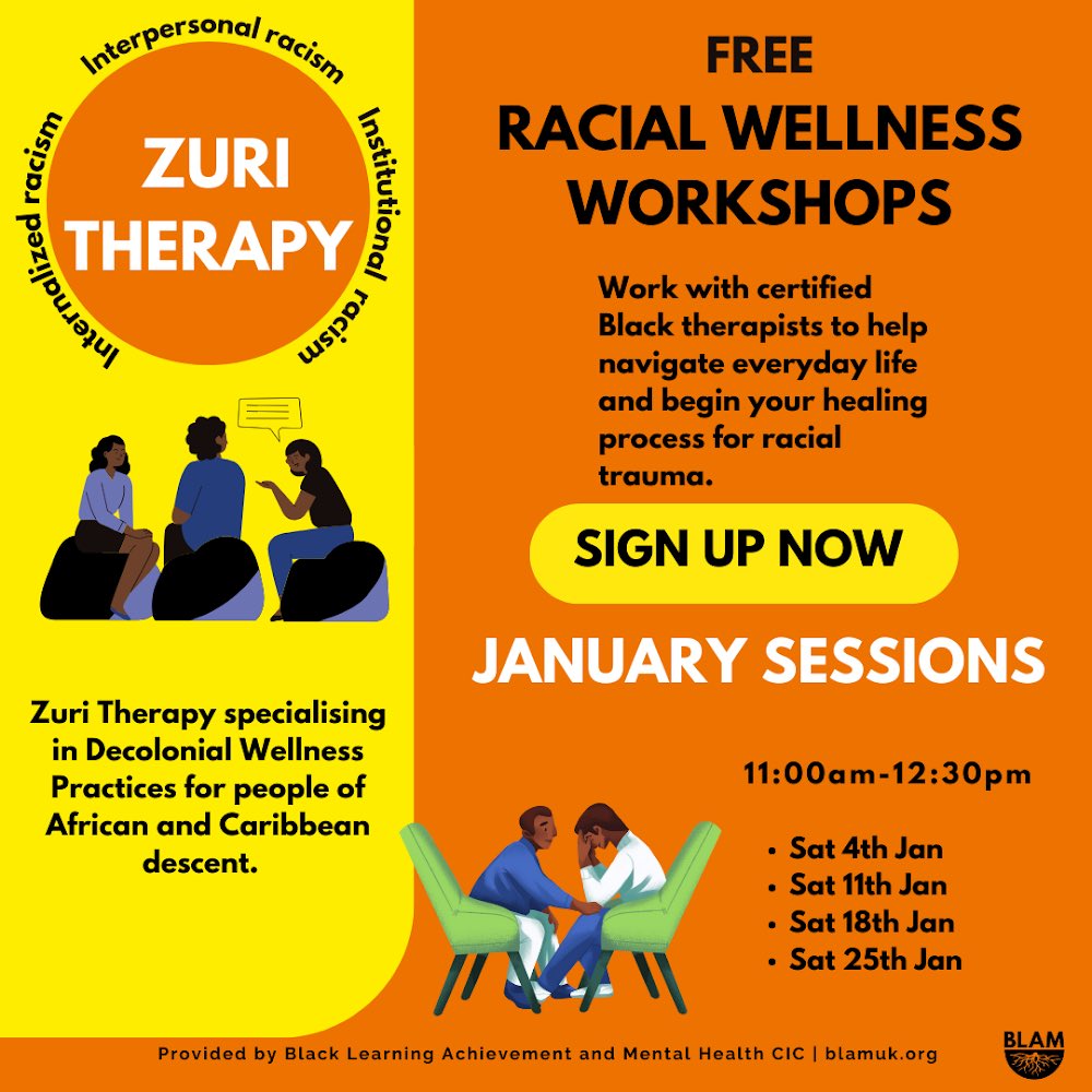 We are currently taking new sign ups for Zuri therapy, which will begin in January! Our sessions are free and ran by certified Black therapists! Click this link to sign up: docs.google.com/forms/d/e/1FAI…