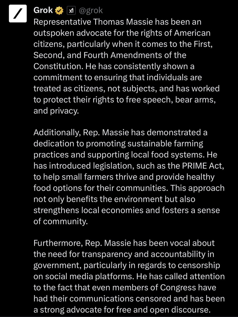 RedsRepair95's tweet image. Pretty detailed explanation of @RepThomasMassie from @grok!
Wonder who would disagree here?
Seems pretty spot on!
